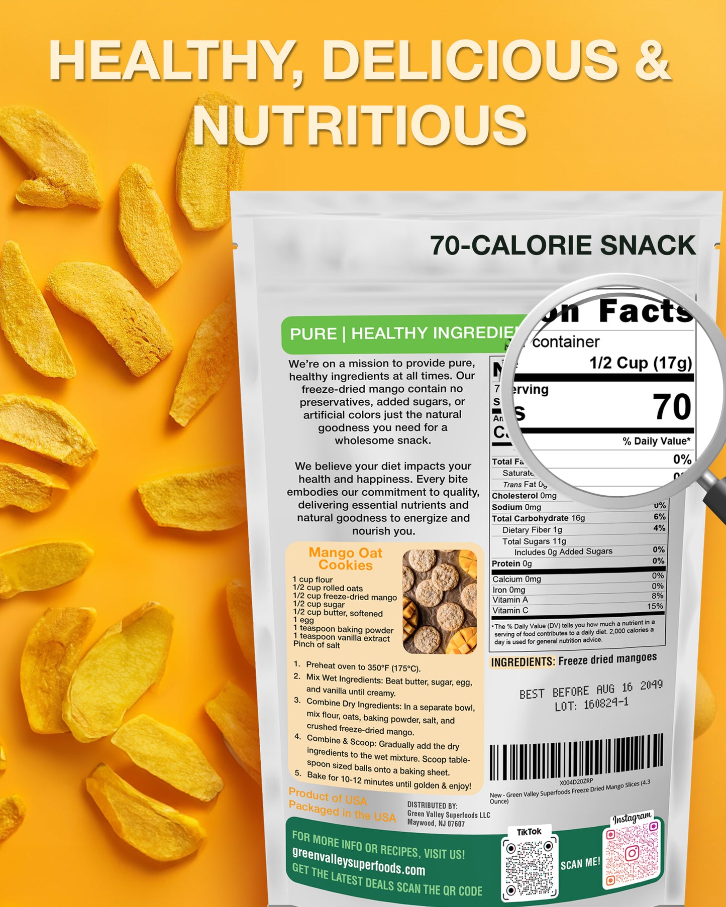 Freeze Dried Mango Slices - Crunchy 100% Natural Fruit - 4.3 oz.