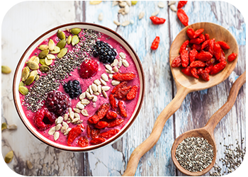 acai, goji, hemp and chia bowl with fruits on top