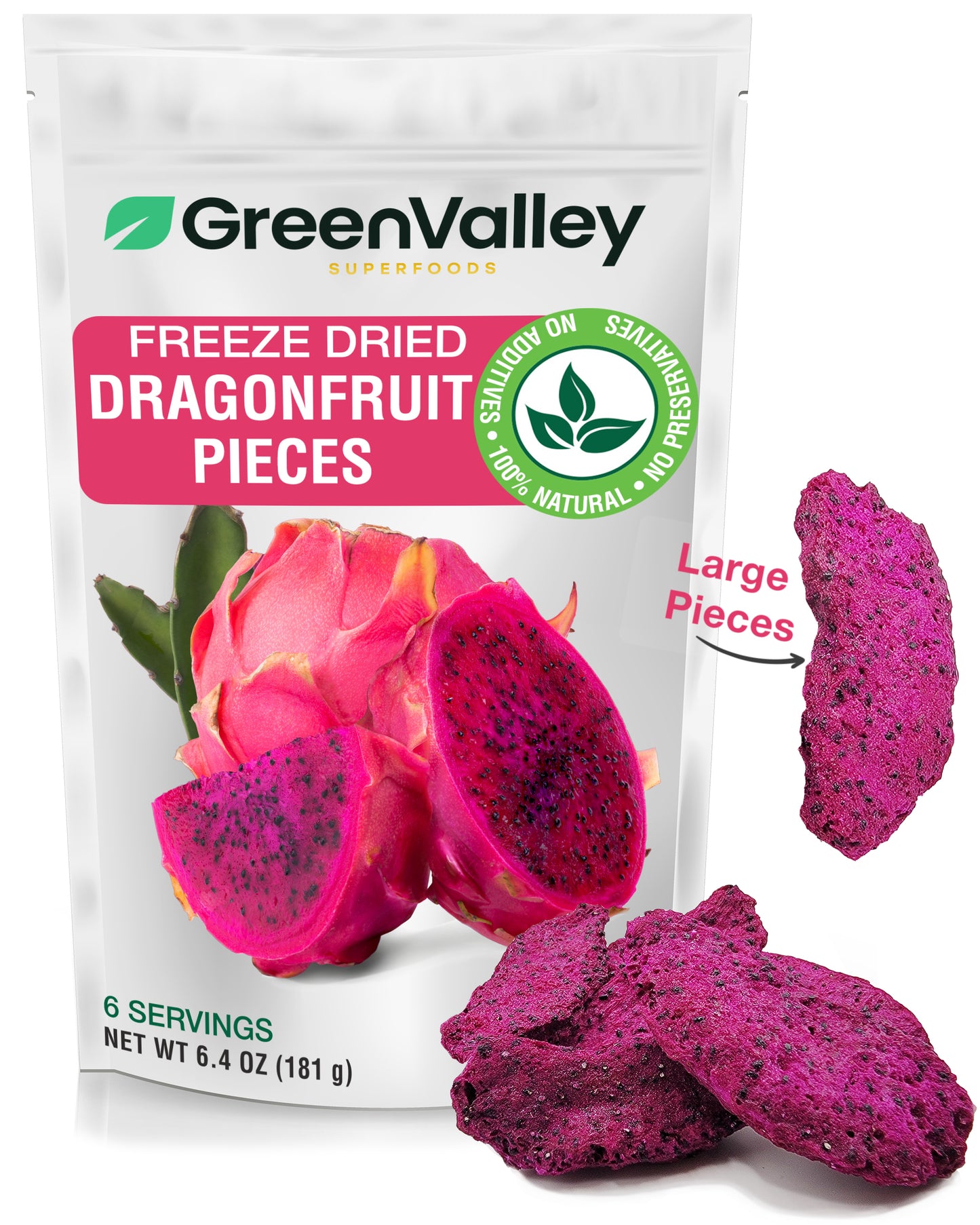 Green Valley Superfoods freeze-dried dragonfruit pieces packaging with dragonfruit slices displayed.